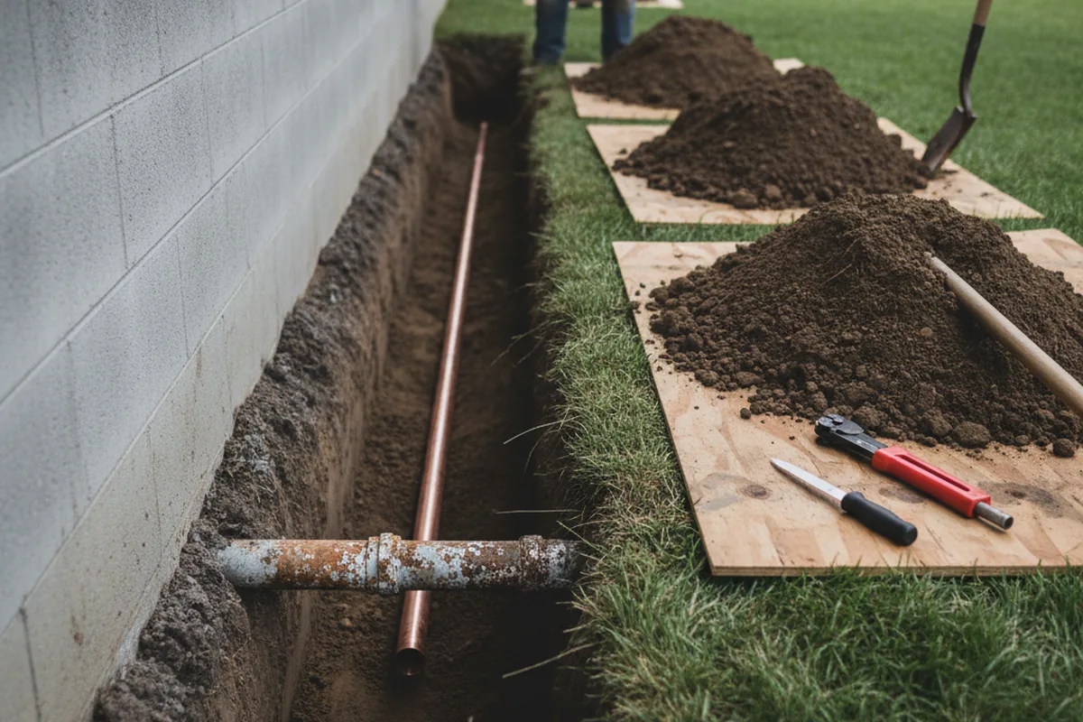 Excavated water line trench during Water Softener Installation in Cherokee